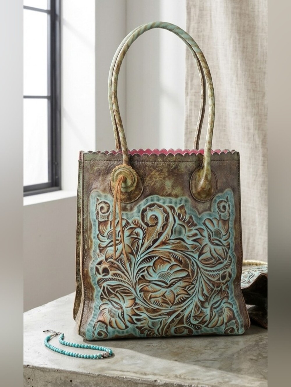 Patricia Nash Western Tooled Leather Turquoise Floral Tote Shoulder Bag